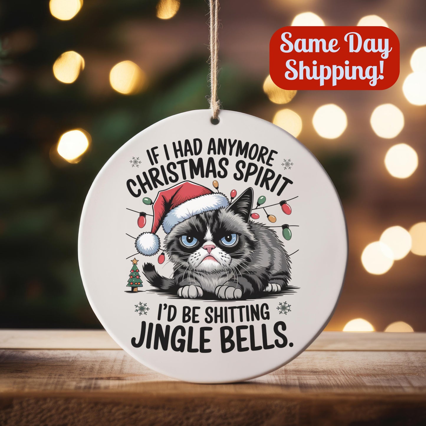 Funny Grumpy Cat Christmas Ornament: White Elephant Gift, Christmas Spirit