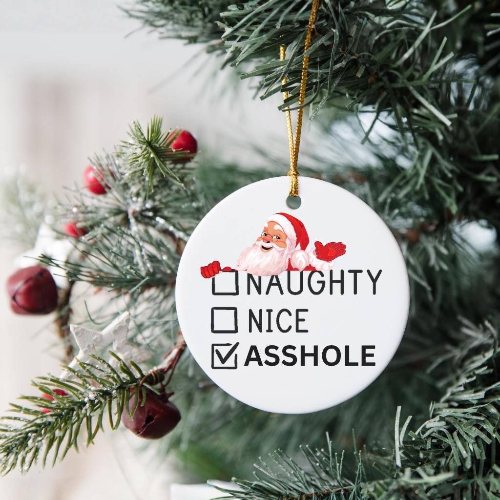 Funny Adult Christmas Ornament: Naughty, Nice, As*hole - White Elephant Gift, Christmas Present Tag - Personalized Ornament