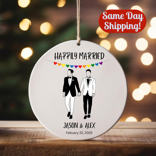 Personalized Gay Wedding Ornament Rainbow Heart Same Sex Couple Gift LGBT First Christmas Marriage Custom Anniversary