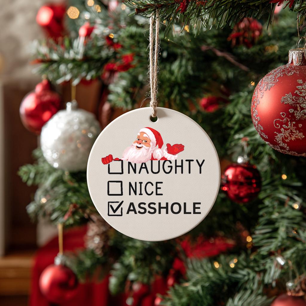Funny Adult Christmas Ornament: Naughty, Nice, As*hole - White Elephant Gift, Christmas Present Tag - Personalized Ornament