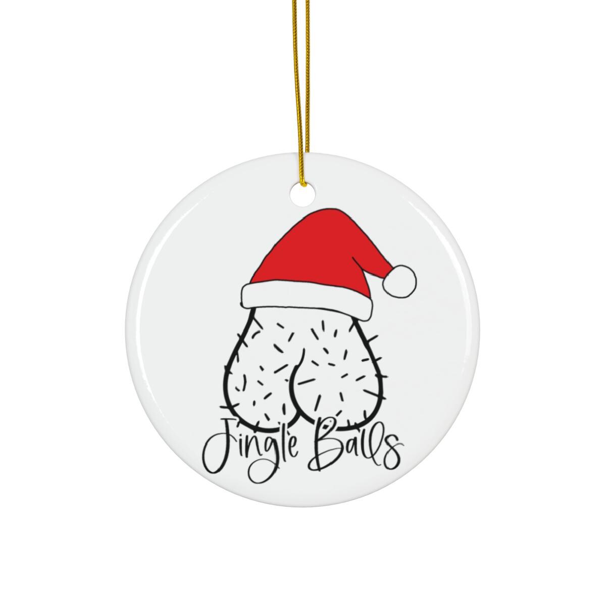 Round ceramic ornament with a Santa hat design and 'Jingle Balls' text on a white background.