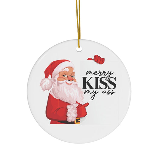 Round Christmas ornament with Santa Claus graphic and text on a white background