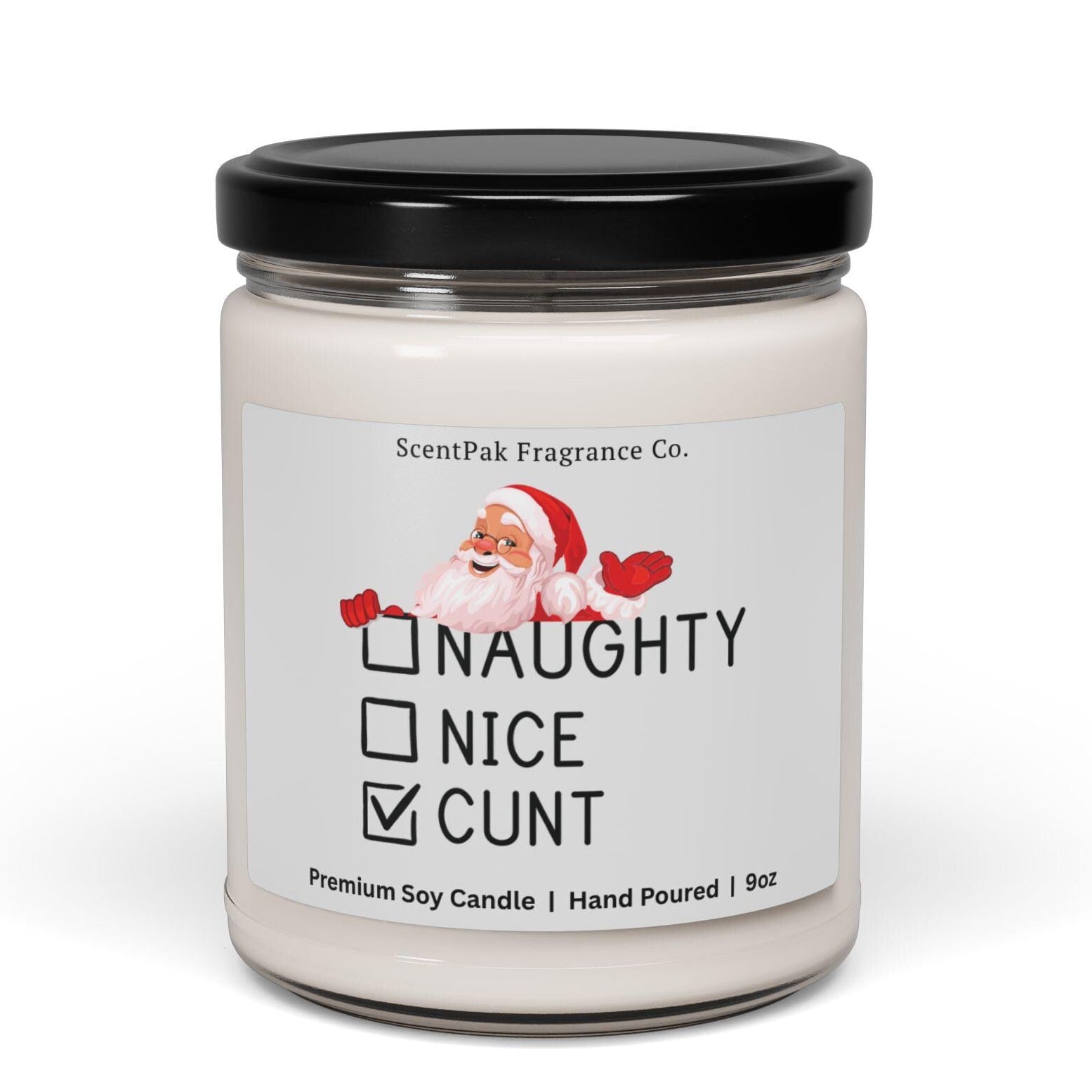 Candle jar with a label featuring Santa Claus and text on a white background
