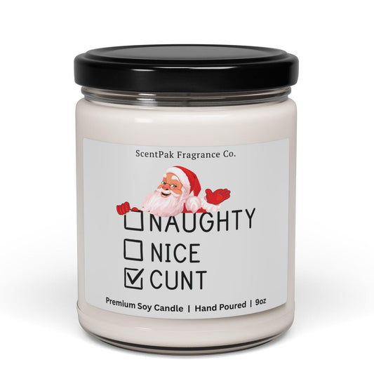 Candle jar with a label featuring Santa Claus and text on a white background