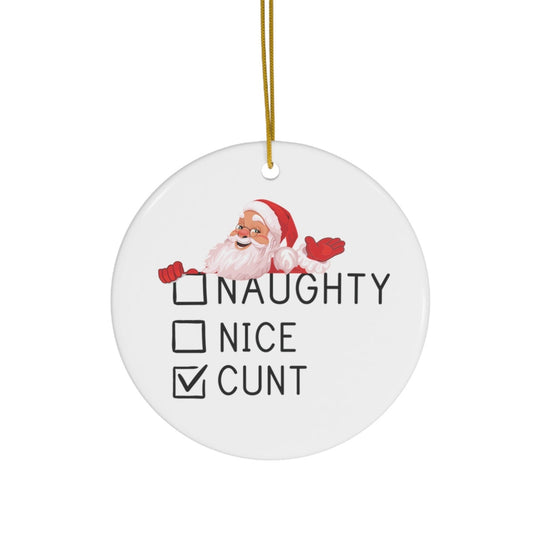 Round Christmas ornament with Santa Claus and text on a white background