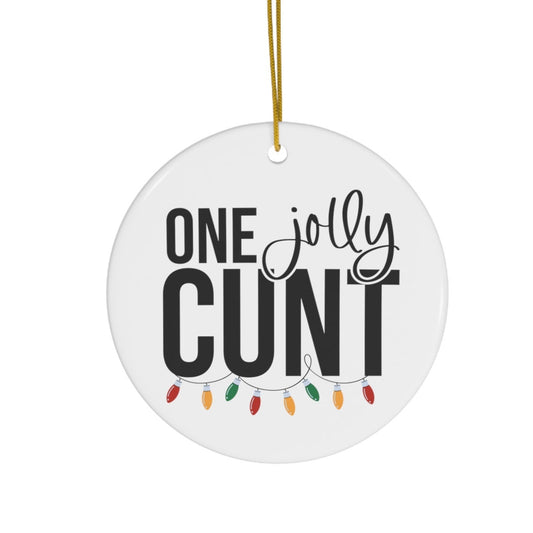 Round white ornament with black text and colorful lights, hanging on a white background