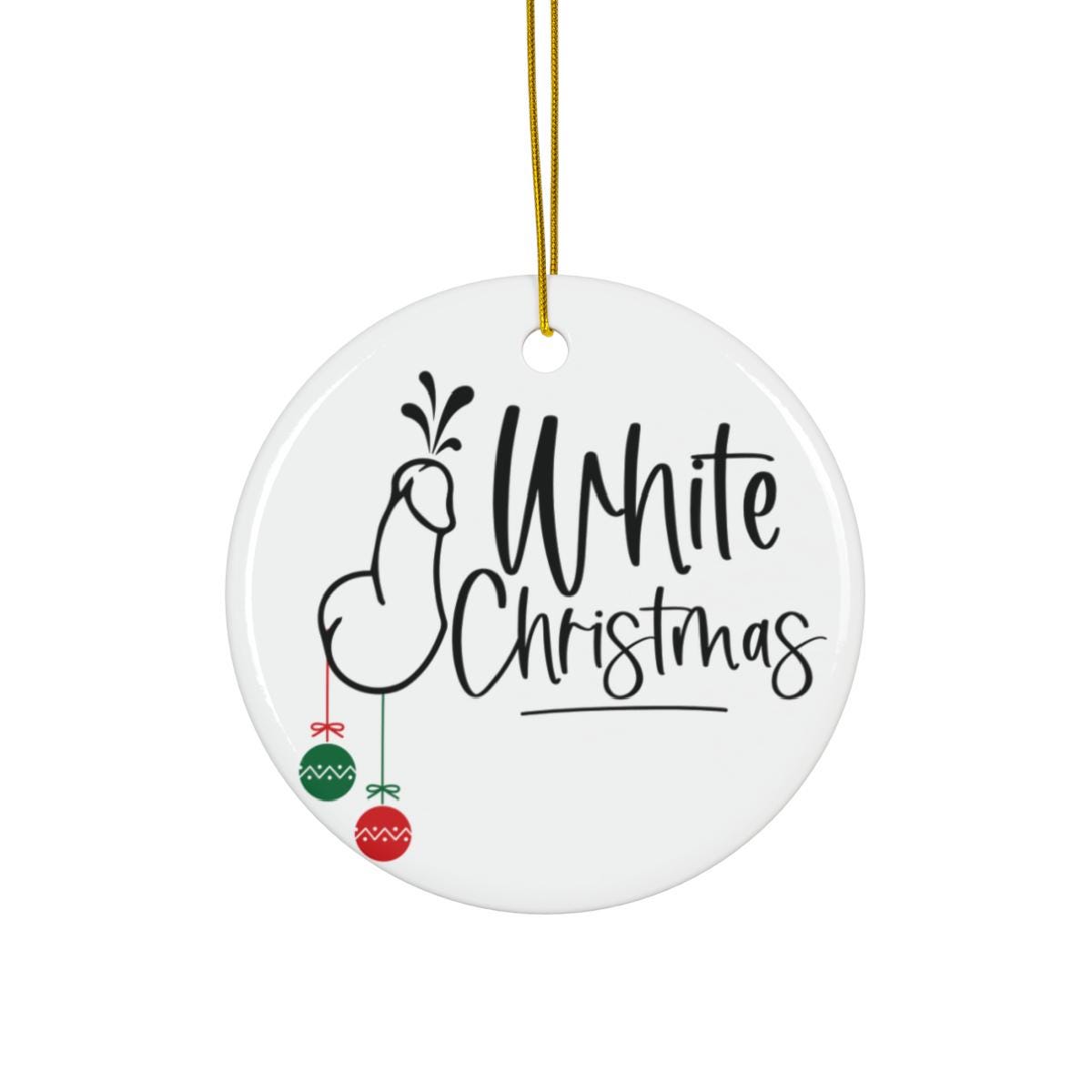 Round white ceramic ornament with 'White Christmas' text and Christmas tree decorations on a white background.