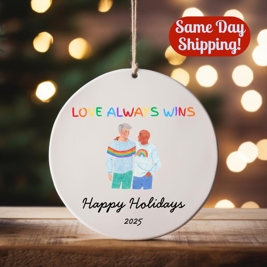 Love Wins LGBTQ+ Christmas Ornament Gift for Same Sex Couples Happy Holidays Rainbow Pride Decor
