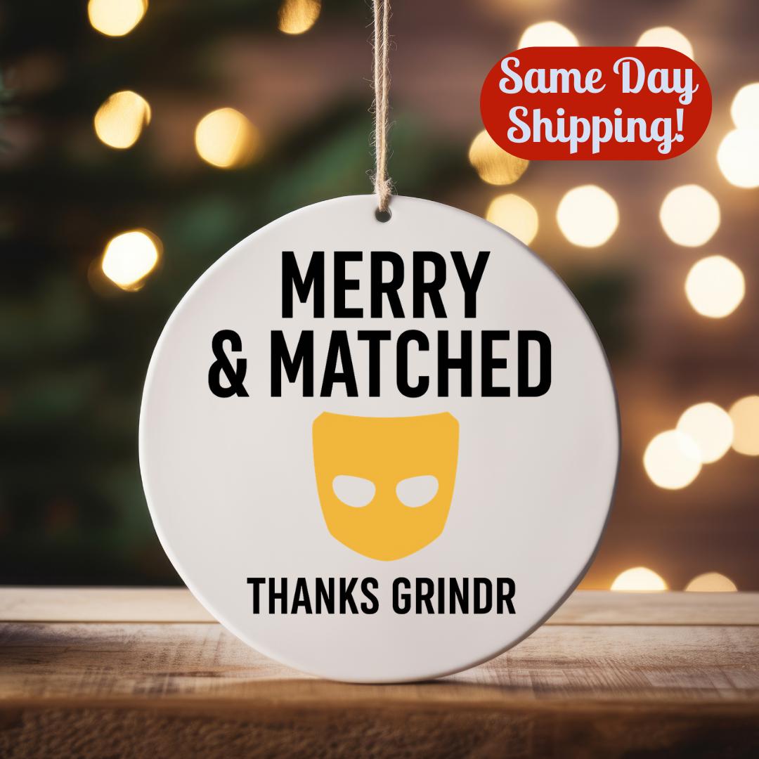 Gay Couple Christmas Ornament: Merry & Matched Grindr Dating App LGBT Love Story Holiday Decor Gift